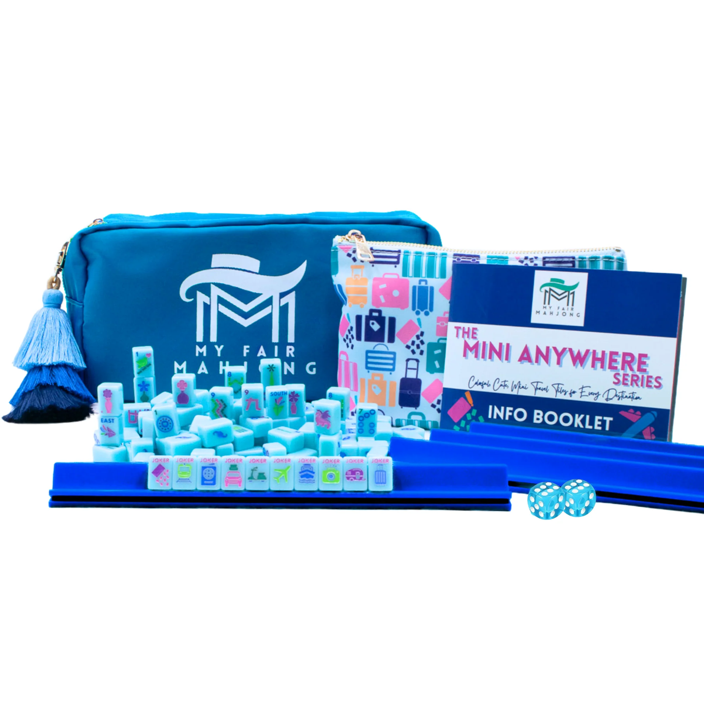 Blue Go Anywhere mini travel mahjong set: complete kit with carry-all bag, tile grab bag, racks, dice and info booklet