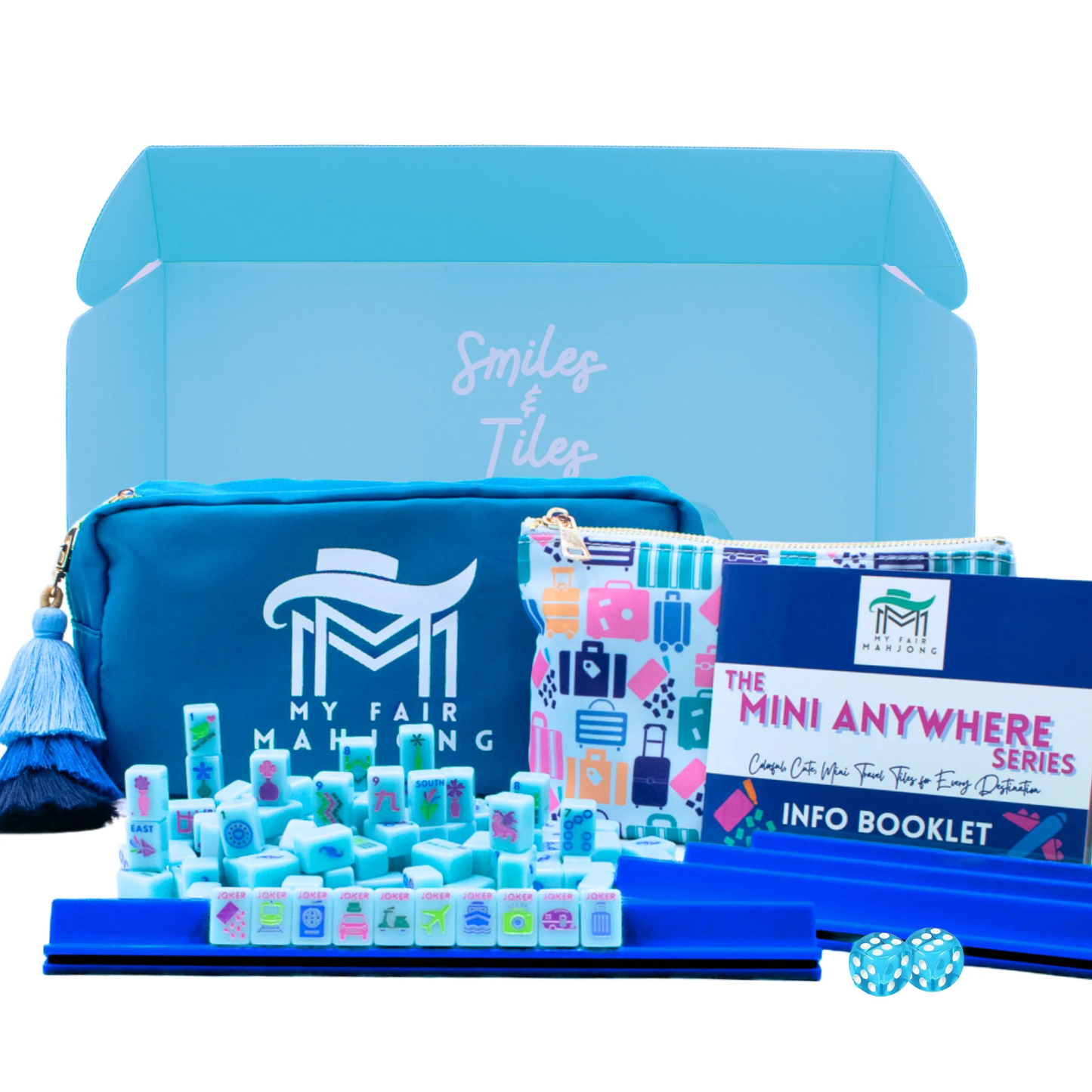 Blue Go Anywhere mini travel mahjong set kit in a Smiles and Tiles gift box with carry-all bag, grab bag and booklet