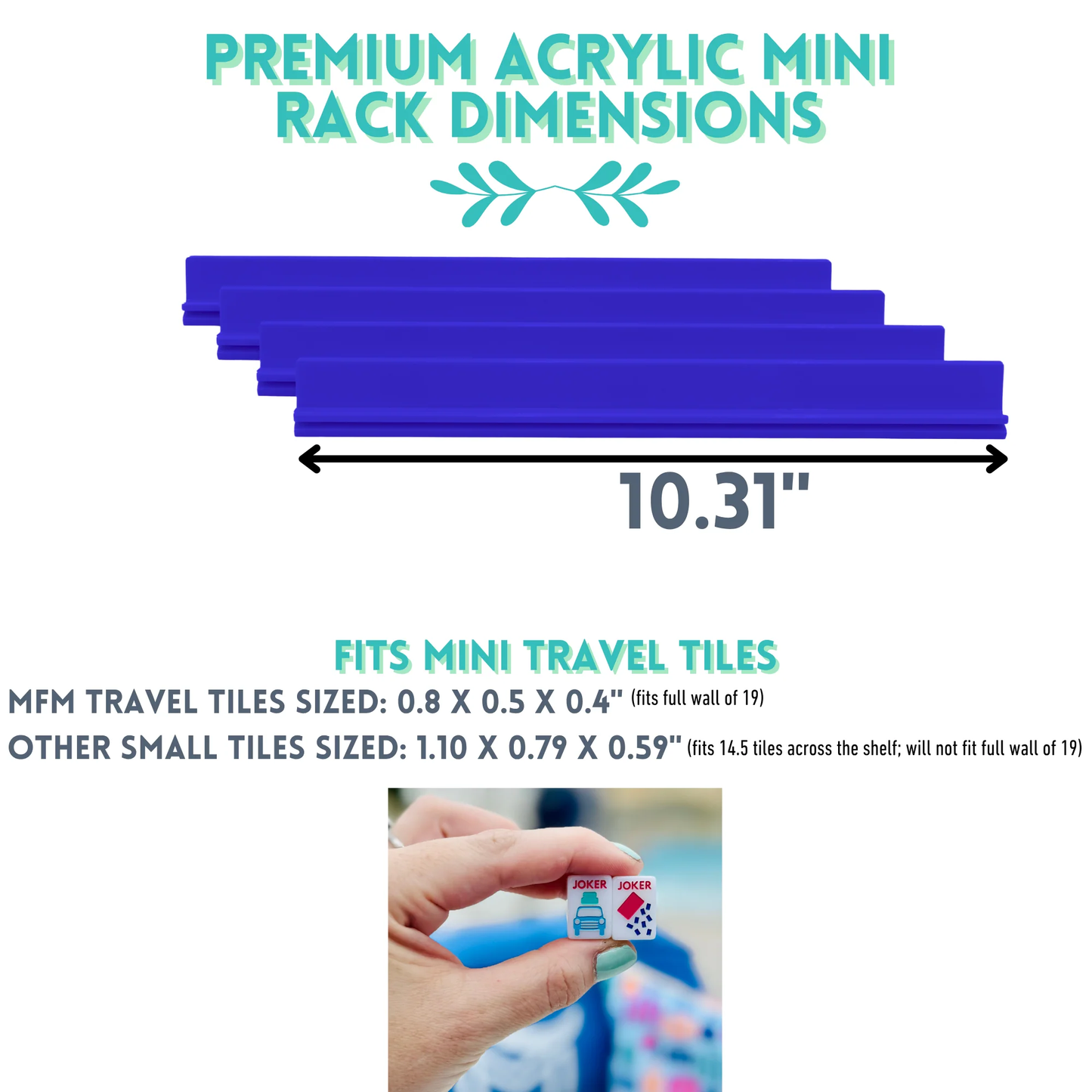 Blue Go Anywhere mini travel mahjong set: premium acrylic mini rack dimensions graphic