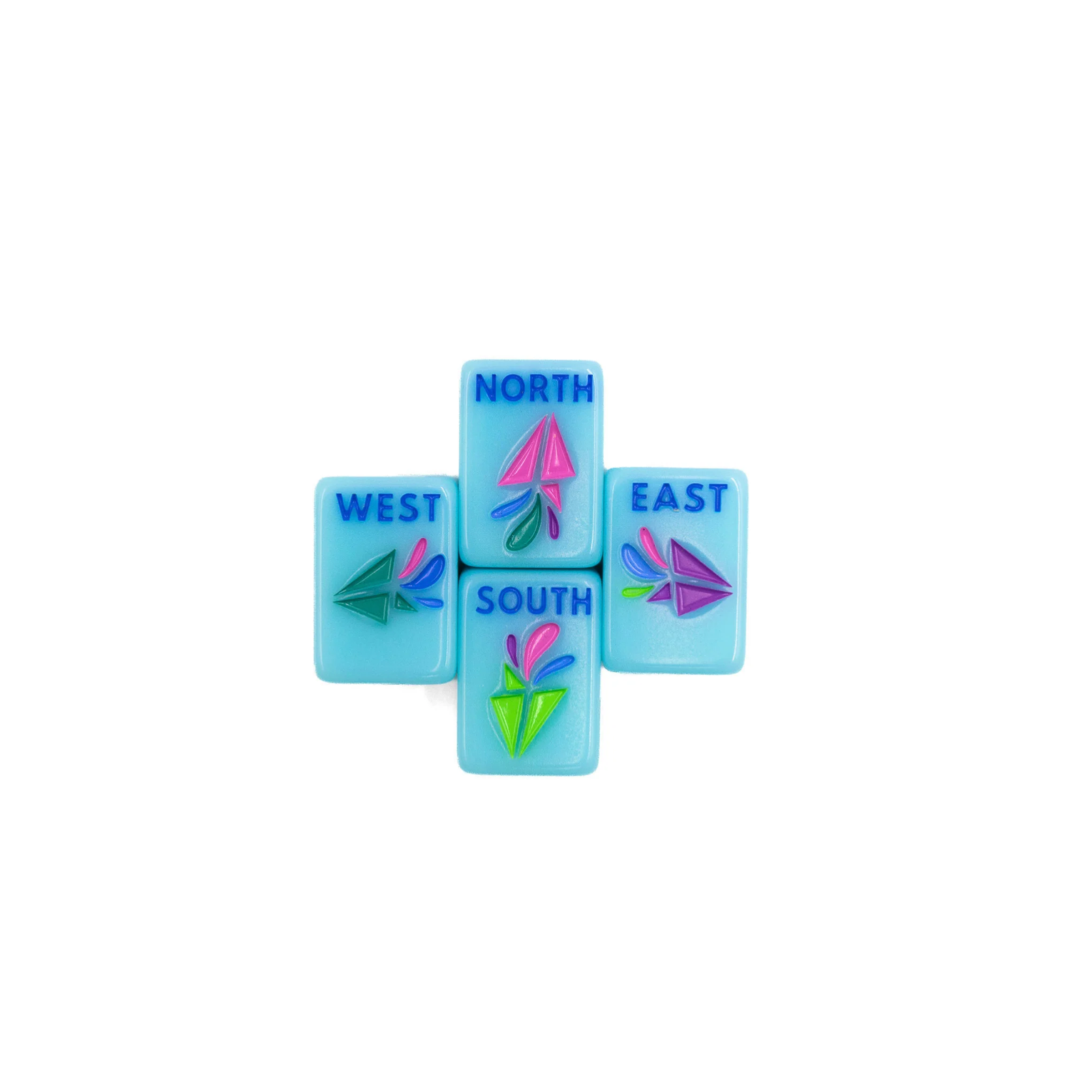Blue Go Anywhere mini mahjong wind tiles: North, South, East and West with paper-airplane designs