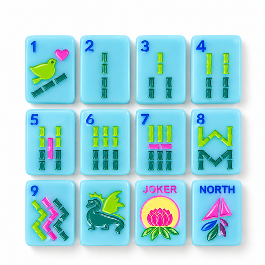Blue Go Anywhere mini travel mahjong tiles: bamboo suit 1-9, green dragon, lotus joker and North wind