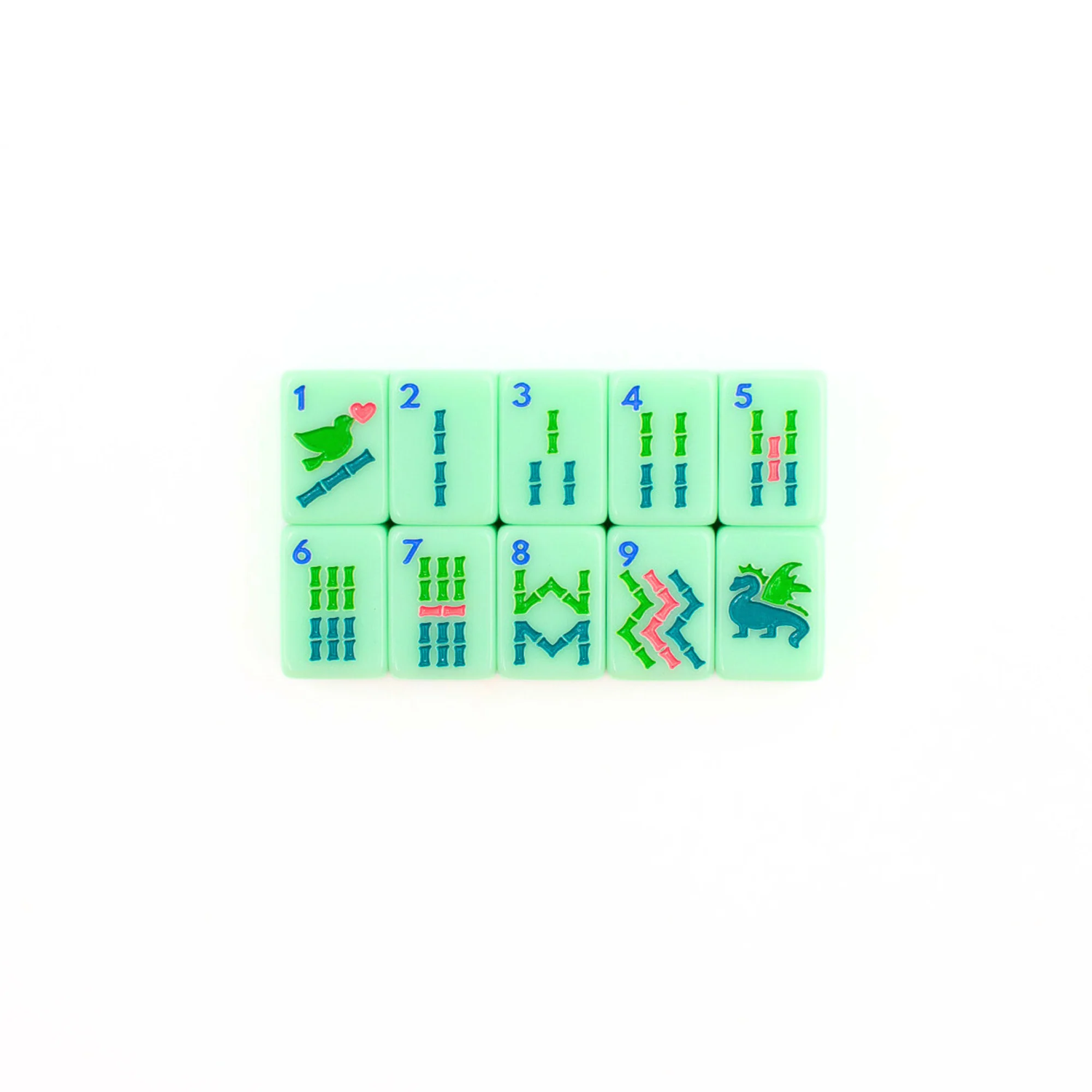 Green Go Anywhere mini mahjong bamboo tiles 1 through 9 with green dragon