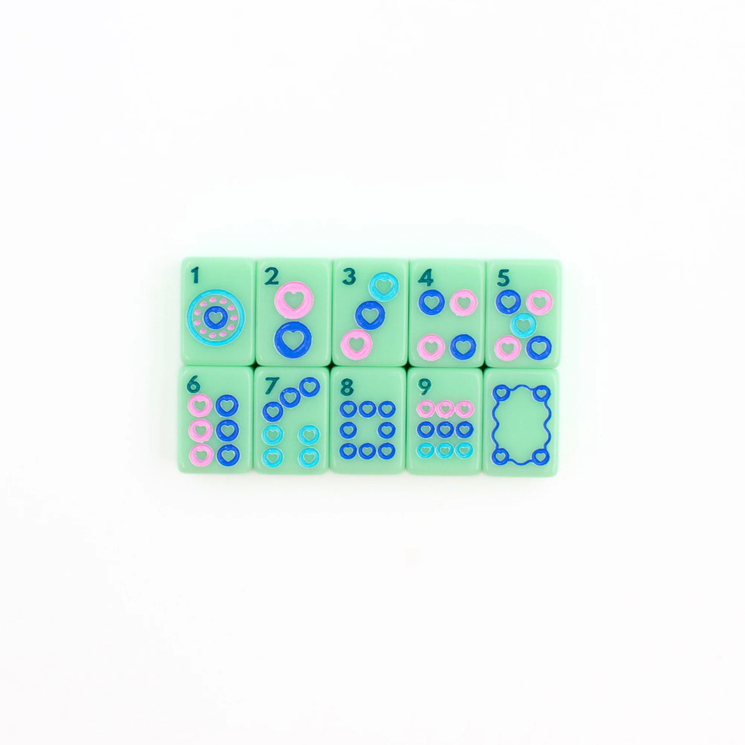 Green Go Anywhere mini mahjong dot tiles 1 through 9 with soap tile