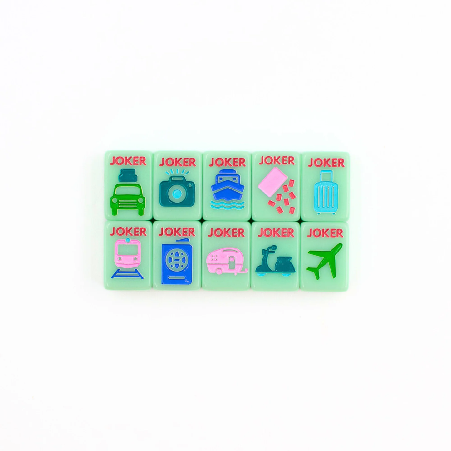 Green Go Anywhere mini travel mahjong set: all ten travel-themed joker tiles in a grid