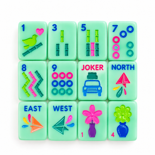 Green Go Anywhere mini travel mahjong tiles: sample grid of bams, dots, car joker, winds and flower tiles