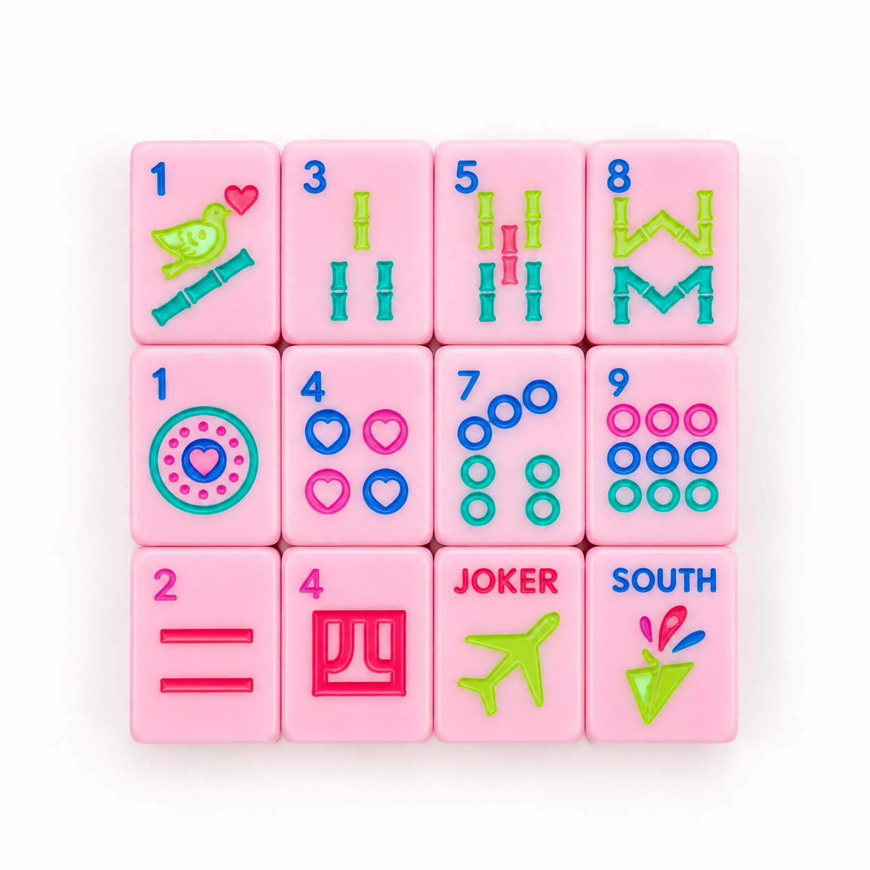 Pink Go Anywhere mini travel mahjong tiles: sample grid of bams, dots, craks, plane joker and South wind
