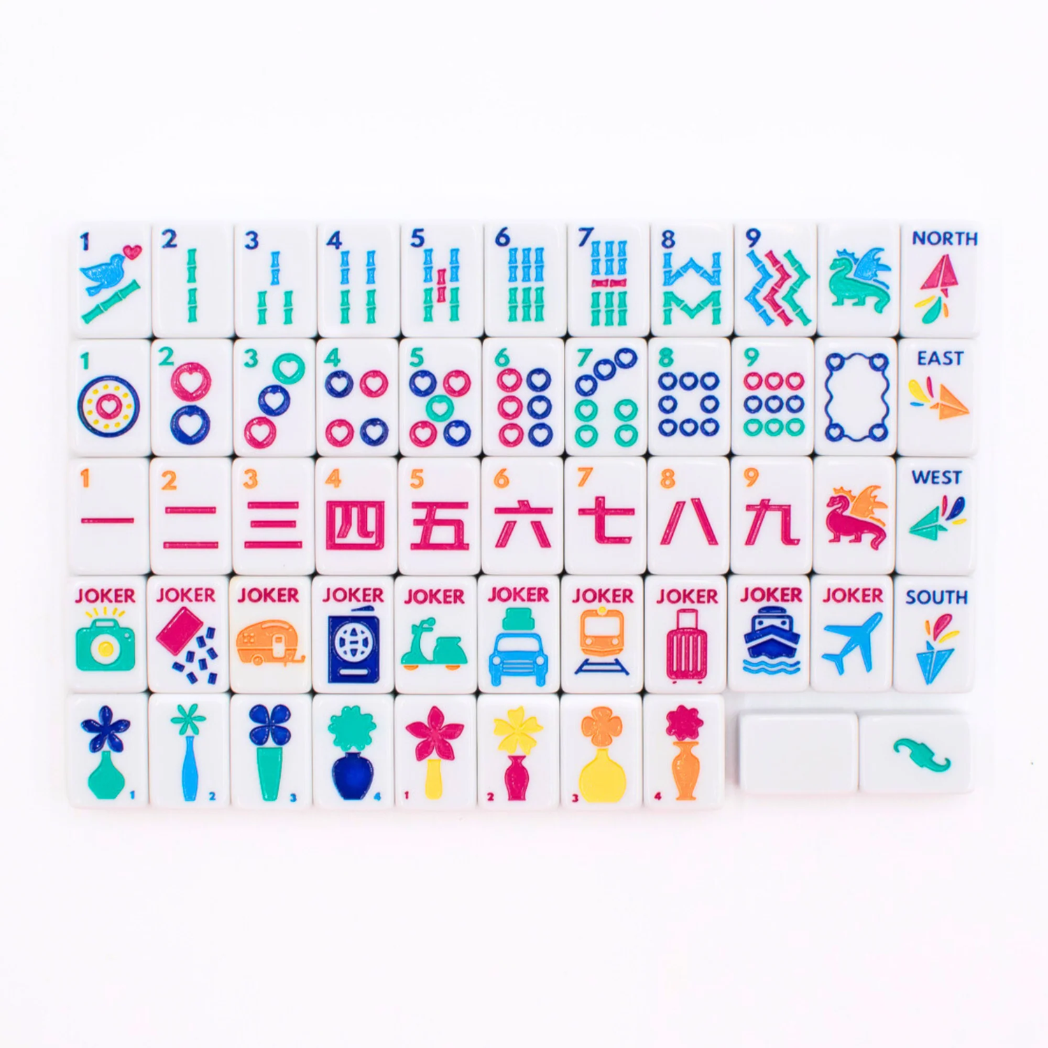 White Go Anywhere mini travel mahjong set: full tile layout of bams, dots, craks, winds, jokers, flowers and blanks