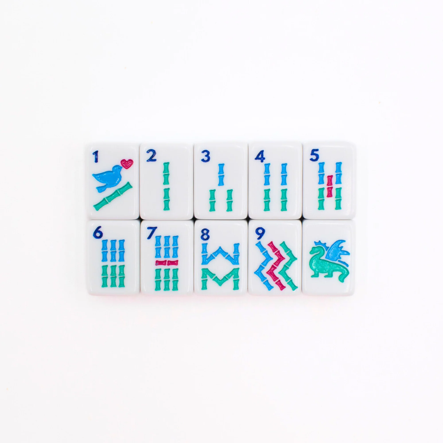 White Go Anywhere mini mahjong bamboo tiles 1 through 9 with green dragon