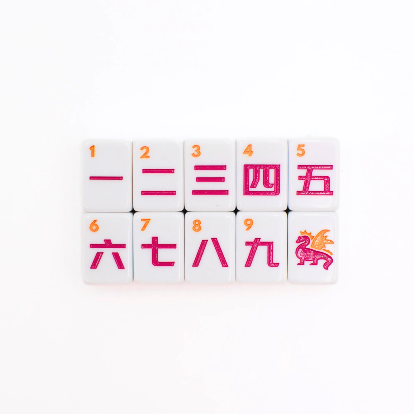 White Go Anywhere mini mahjong character tiles 1 through 9 with red dragon