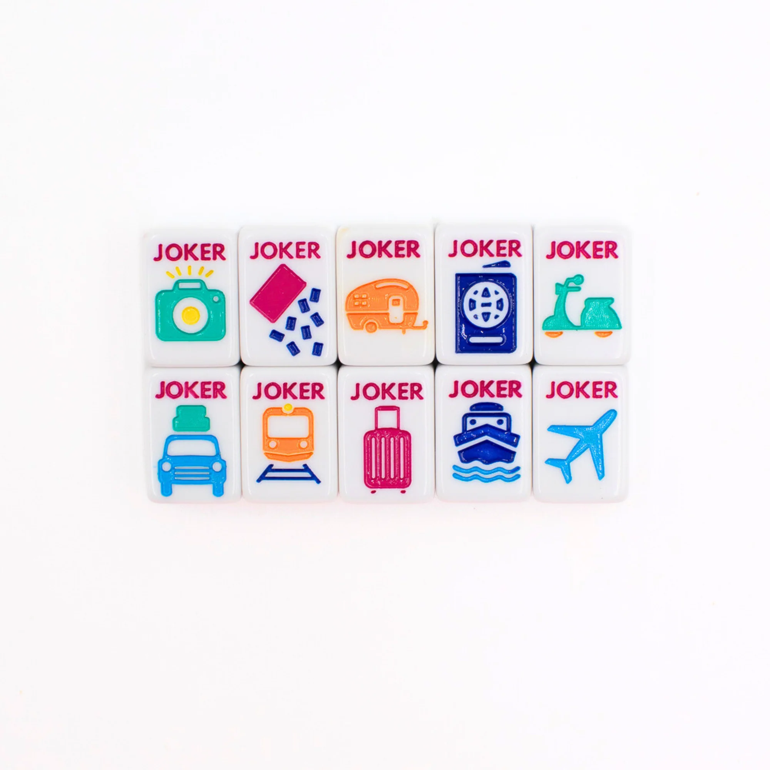 White Go Anywhere mini travel mahjong set: all ten travel-themed joker tiles in a grid