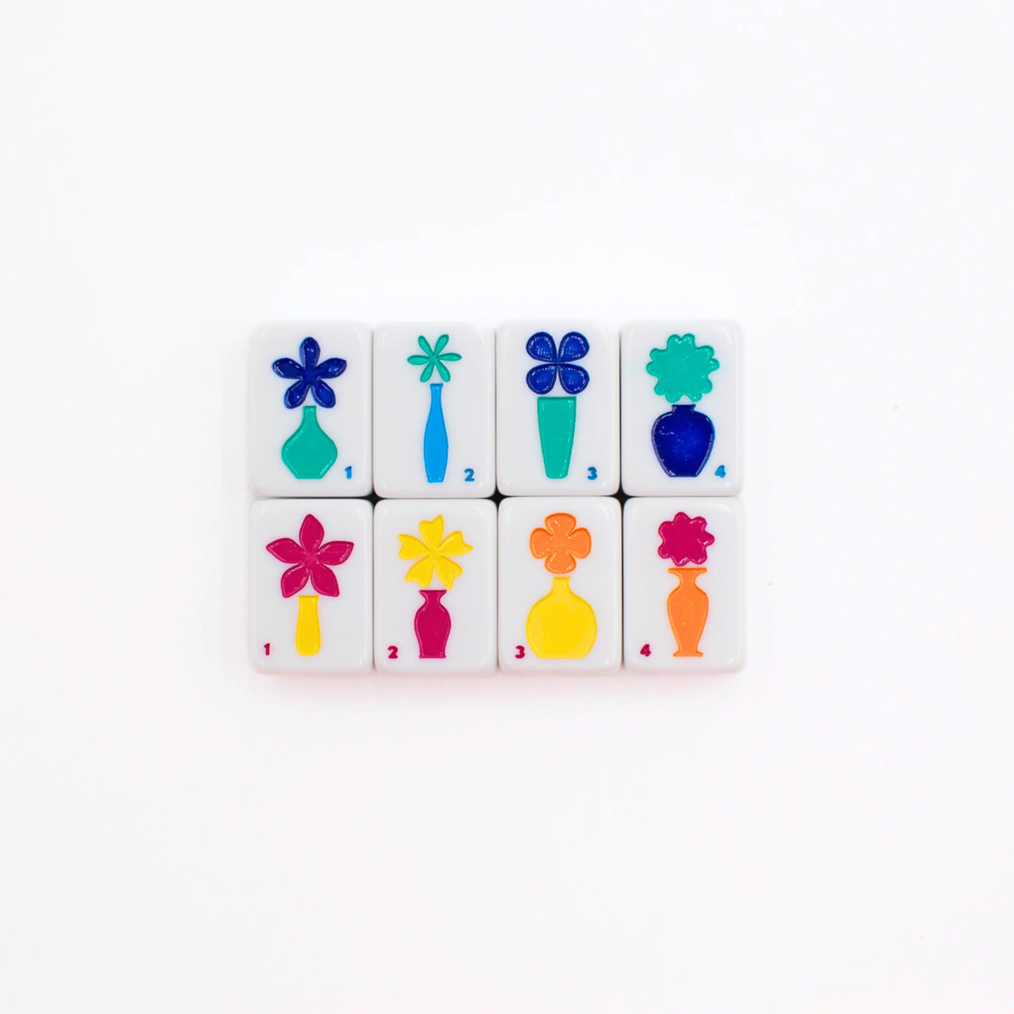 White Go Anywhere mini travel mahjong set: eight colorful flower tiles in vases