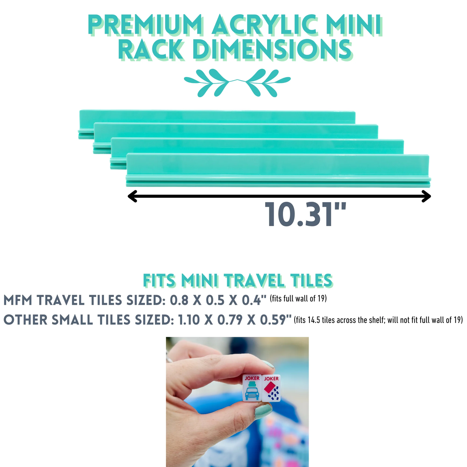 White Go Anywhere mini travel mahjong set: premium acrylic mini rack dimensions graphic