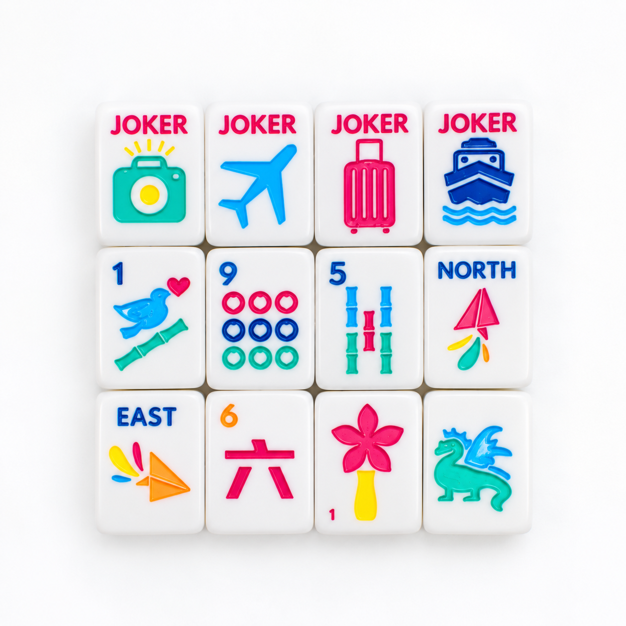 White Go Anywhere mini travel mahjong tiles: close-up grid of travel jokers, bams, winds and dragons