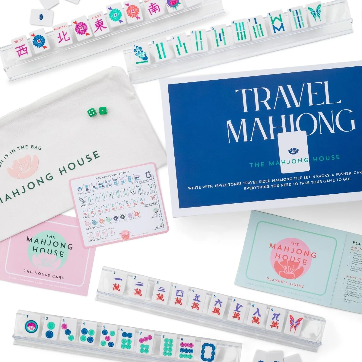 Jewels White Travel Mahjong Set flat lay with box, travel bag, cards, guides and racks