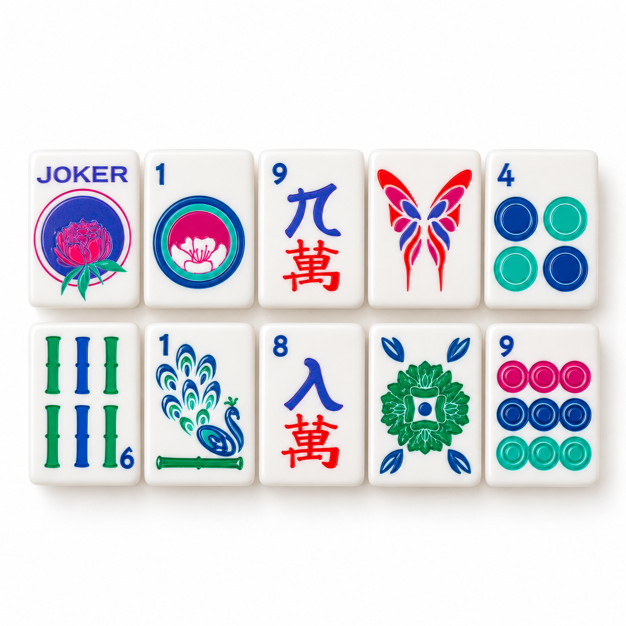 Jewels White travel mahjong tiles showing joker, dots, craks, butterfly and bam tiles