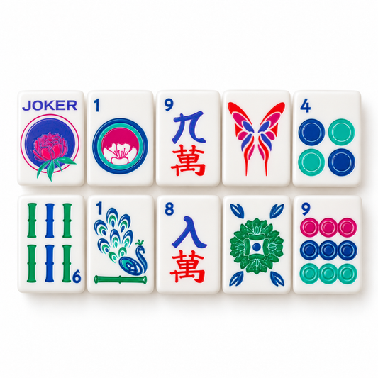 Jewels White travel mahjong tiles showing joker, dots, craks, butterfly and bam tiles
