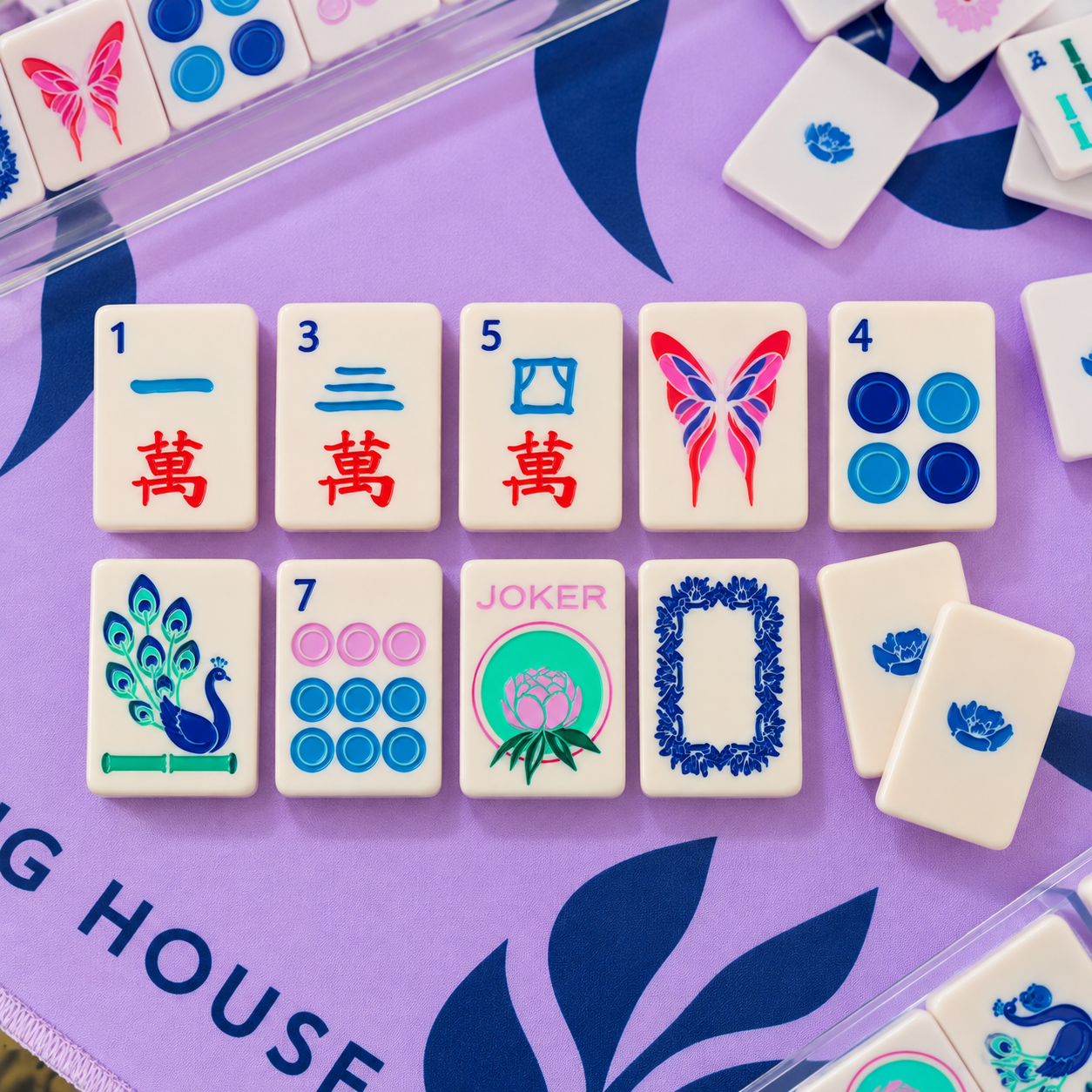 Lavender travel mahjong tiles close-up showing craks, butterfly flower, dots, joker and peacock bam