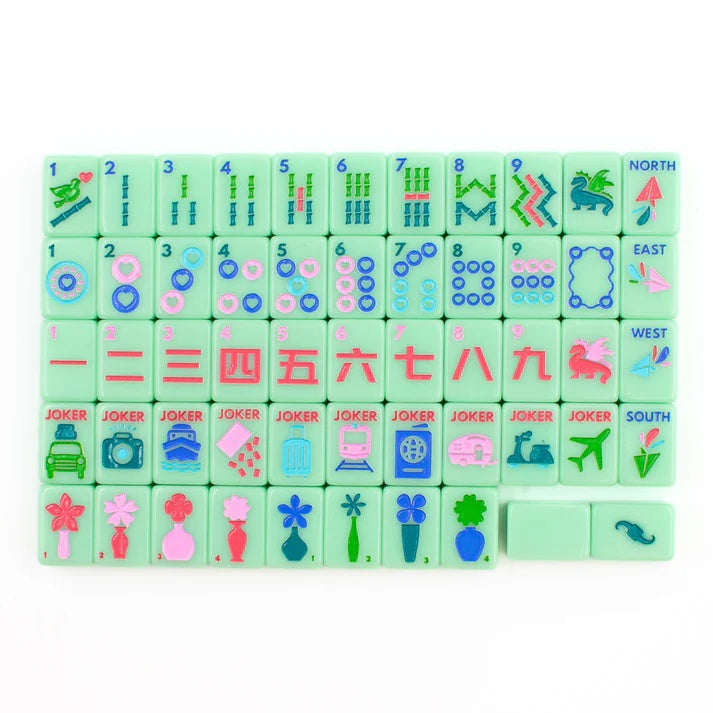 Green Go Anywhere mini travel mahjong set: full tile layout of suits, winds, jokers, flowers and blanks