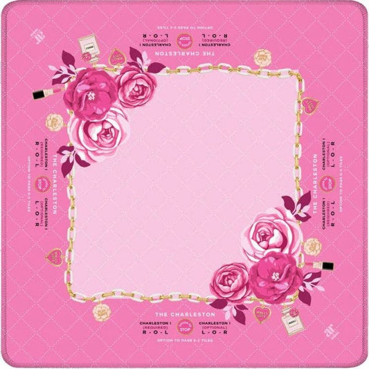 Charming Blooms mahjong mat with blush-pink quilting, pink peonies, gold chain border, and enamel charms