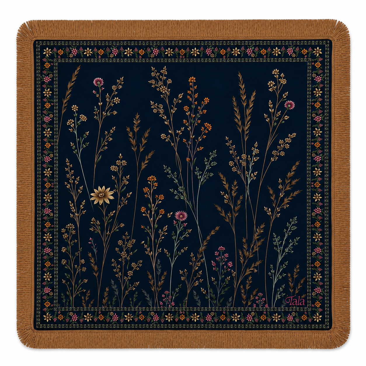 Midnight Wildflowers mahjong mat — dark ink ground with gold, amber, and pink wildflowers, floral border, and camel fringe
