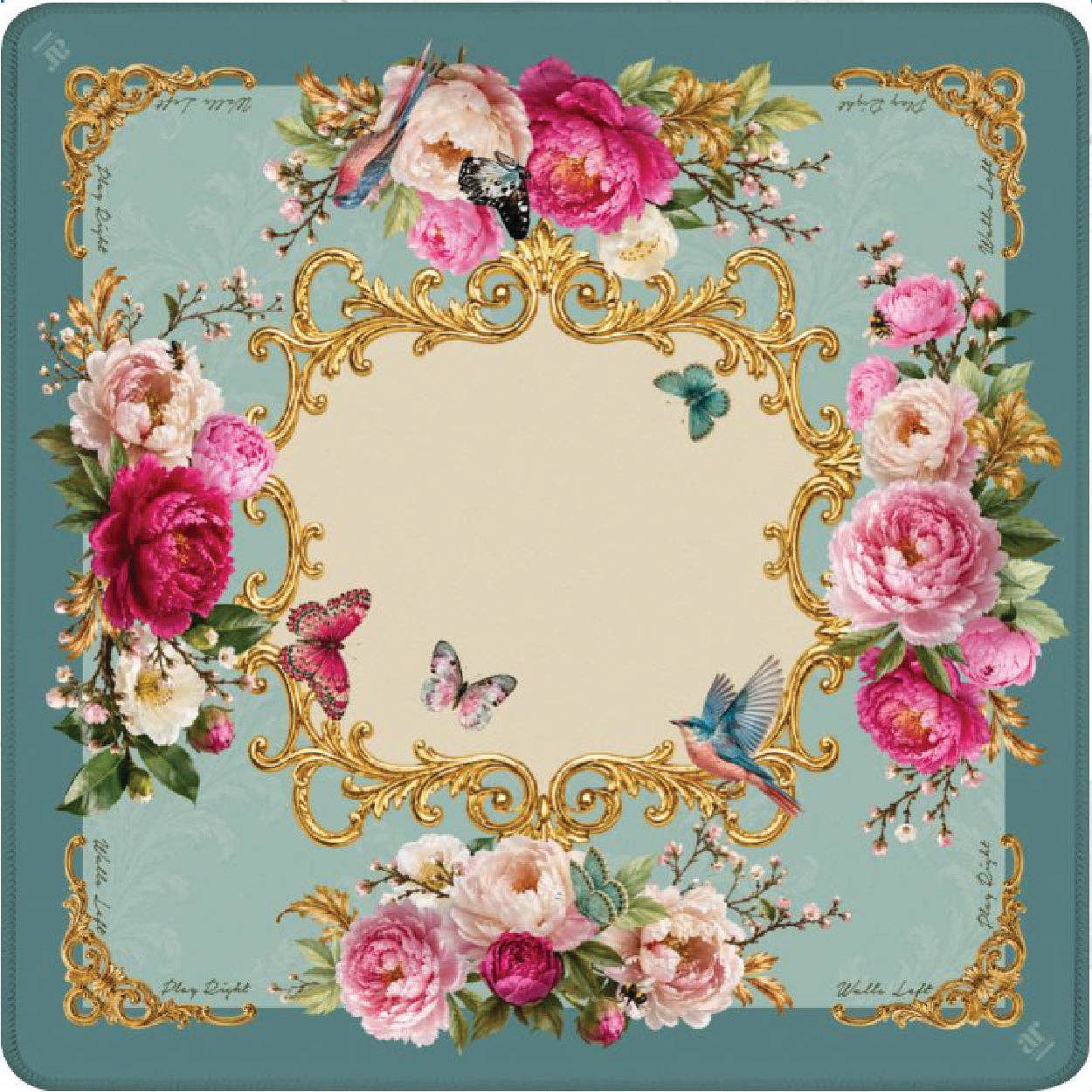 Mahj in Bloom mahjong mat — peonies, butterflies, and golden scrollwork on vintage aqua