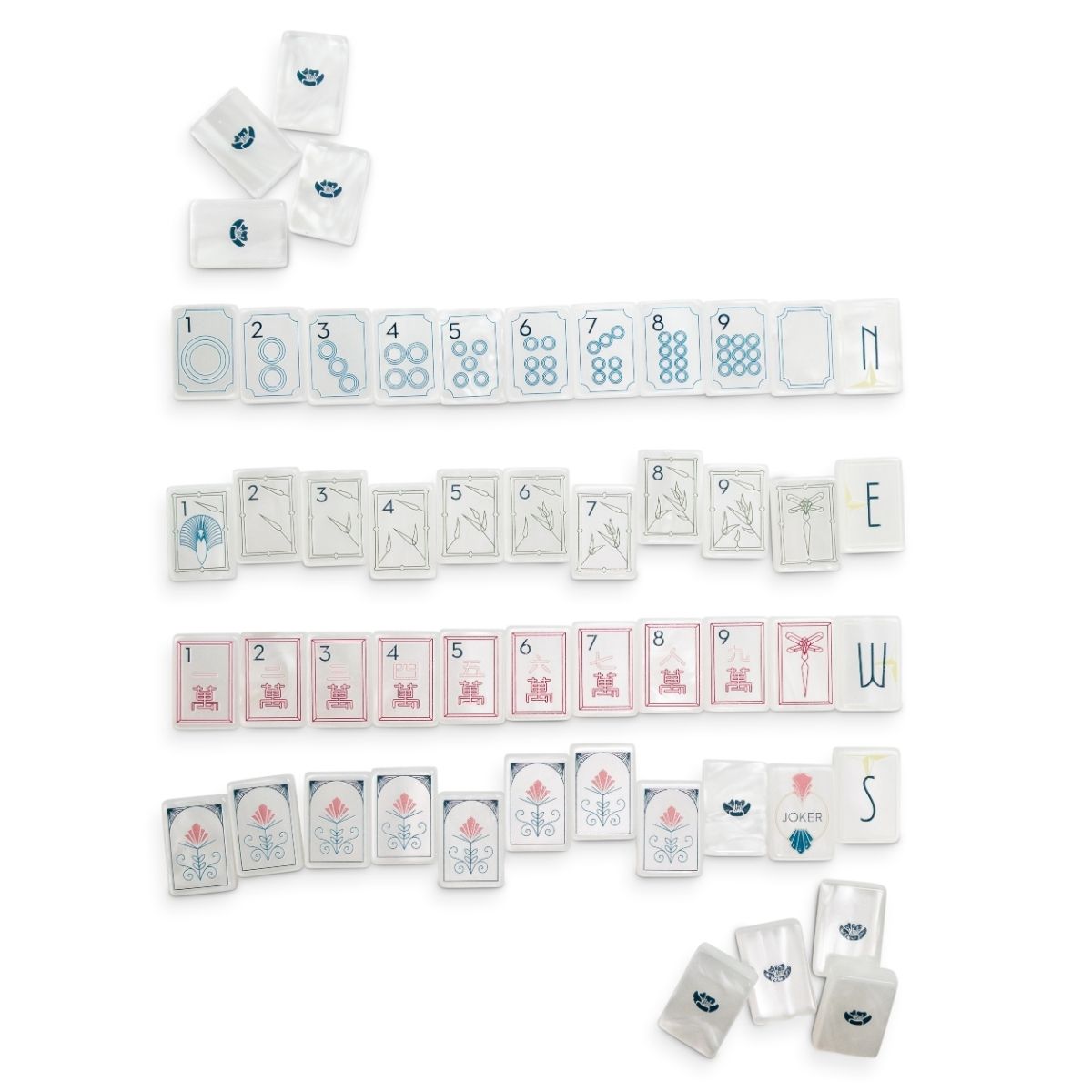 Mother of Pearl Deco mahjong tiles — full lineup with pearly backs