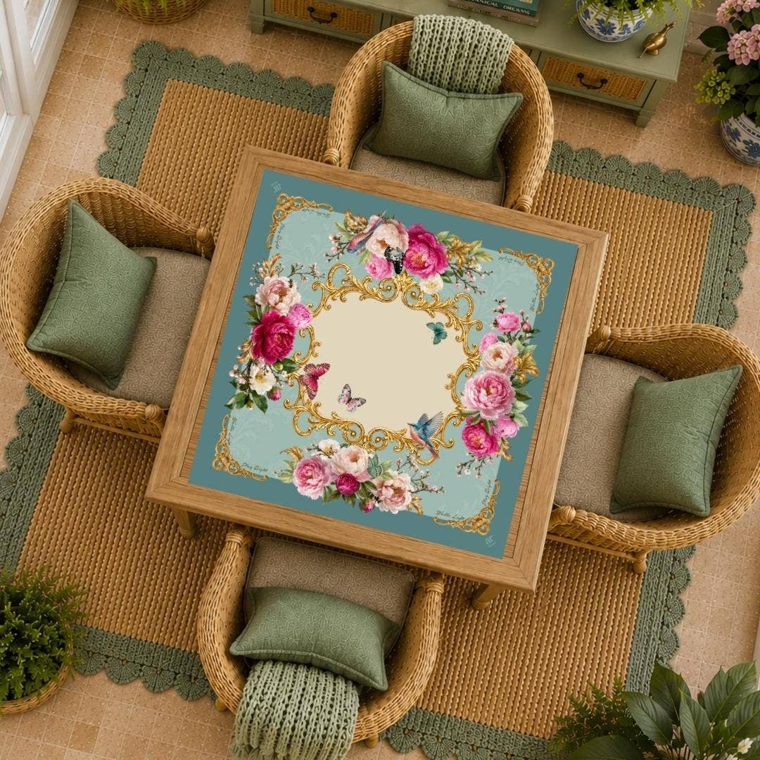 Mahj in Bloom mahjong mat on a table in a sunroom with rattan chairs