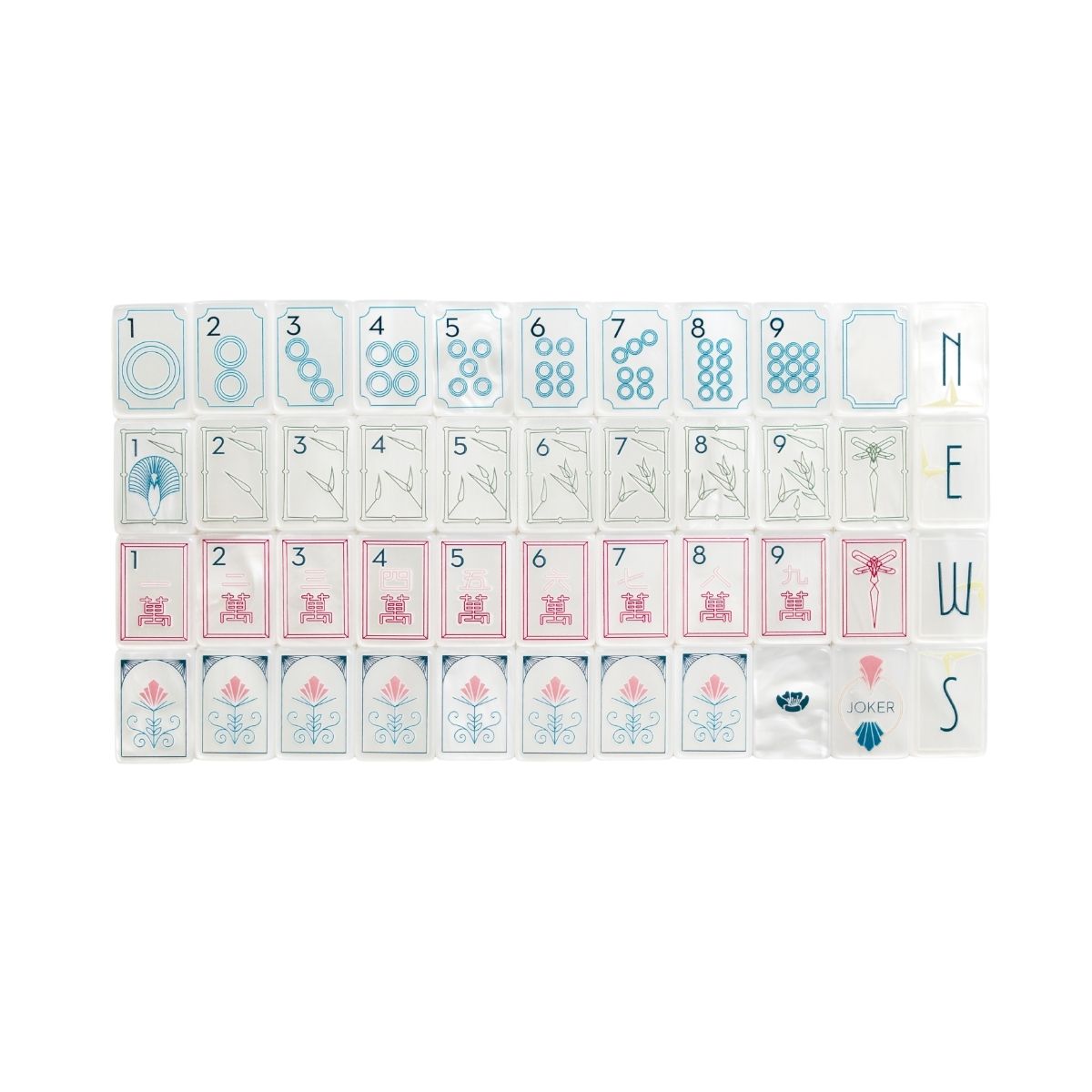 Mother of Pearl Deco tile faces in a grid — dots, bams, and craks