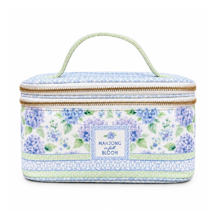 House of Hydrangea mahjong tile storage case — blue and lavender hydrangeas on white with ‘Mahjong in Full Bloom’ patch