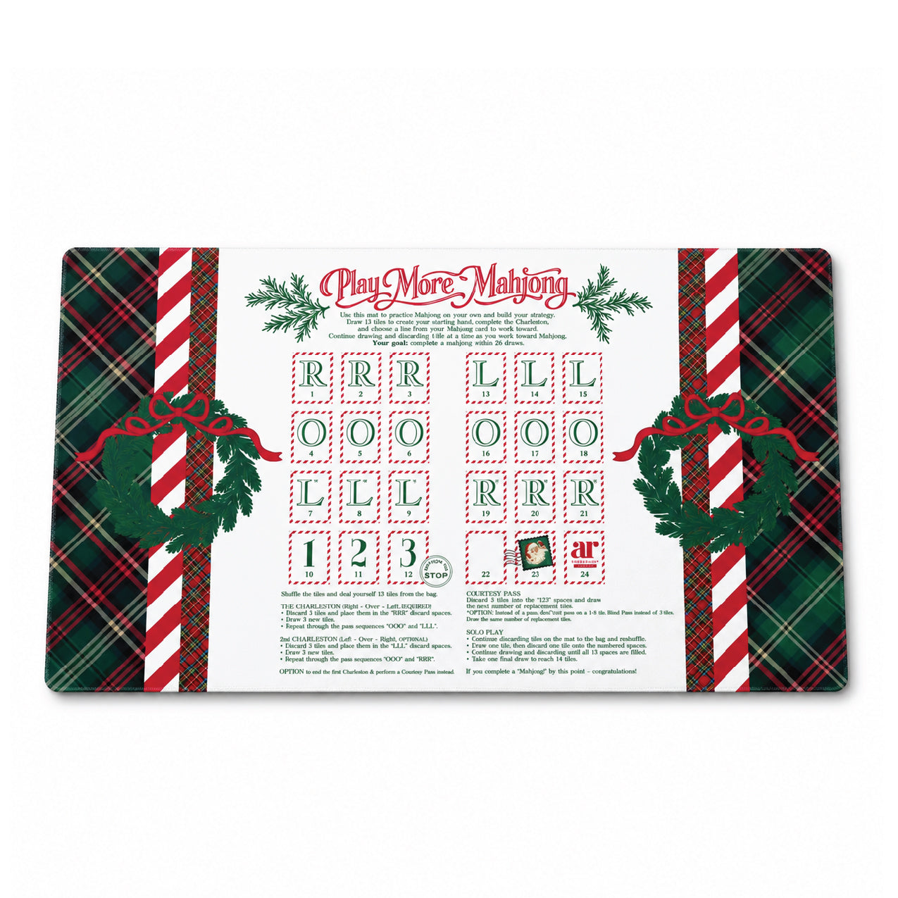 Christmas solo play mahjong mat — ‘Play More Mahjong’ printed practice layout with tartan plaid and candy-cane stripes
