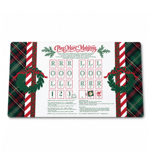 Christmas solo play mahjong mat — ‘Play More Mahjong’ printed practice layout with tartan plaid and candy-cane stripes