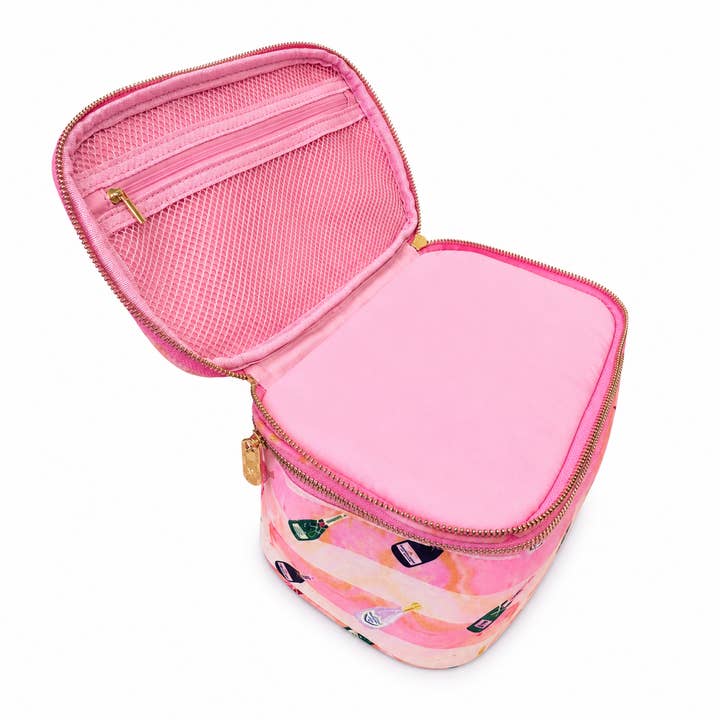 Open Bams and Bubbly tile storage case — pink interior with zippered lid pocket and roomy main compartment