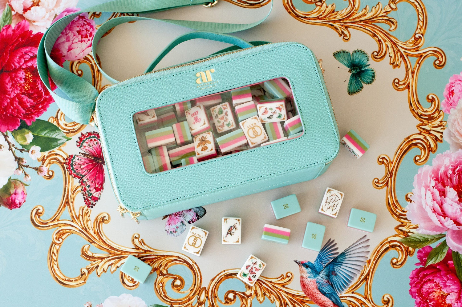 Mahj in Bloom luxury tile storage case with clear window on the garden mat