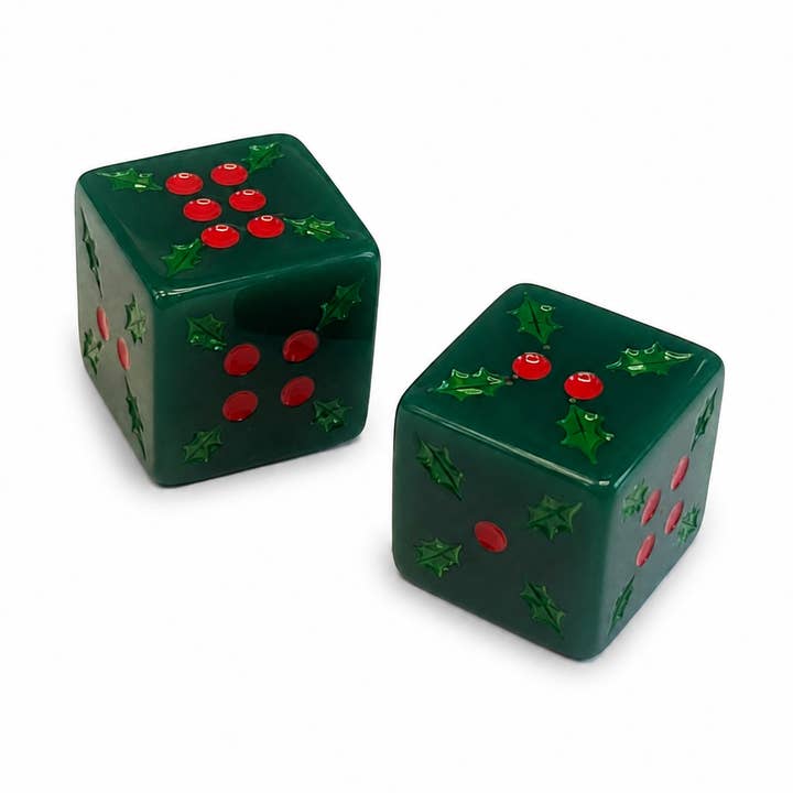 Dear Santa Christmas mahjong dice — deep green dice with holly leaves and red holly-berry pips