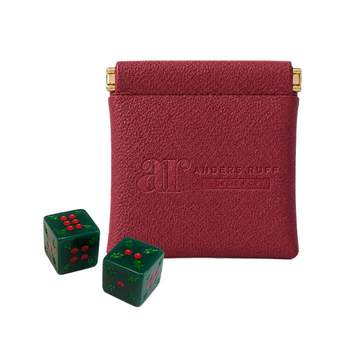 Dear Santa dice pouch — cranberry snap-top pouch with gold-tone hardware and embossed Anders Ruff logo, with green holly dice