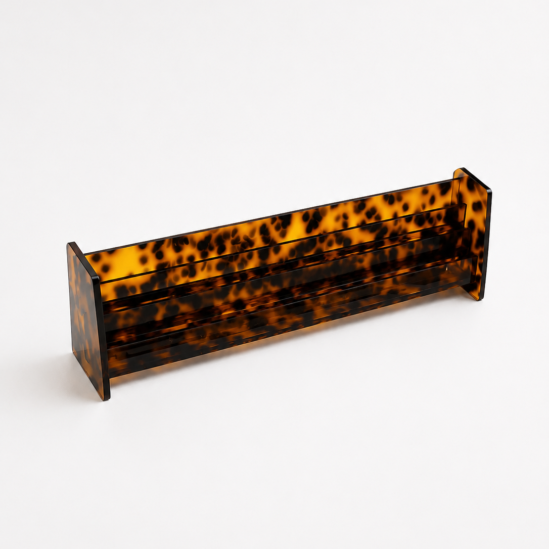 Tortoise acrylic card rack — empty two-tier tilted design