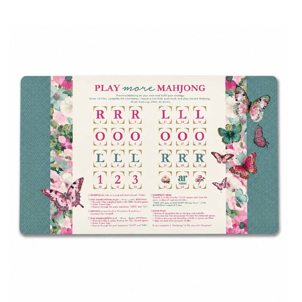 Mahj in Bloom solo play mahjong mat — printed Charleston practice layout with floral borders