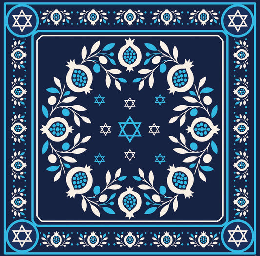 Shalom mahjong mat with pomegranate and Star of David design in navy, cream, and turquoise