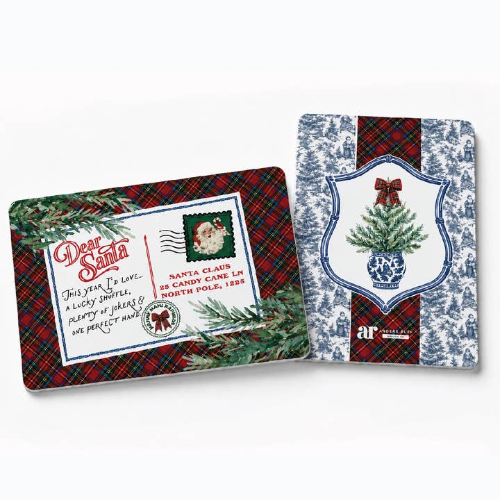 Tartan Toile mahjong tile shufflers — red tartan with Dear Santa letter on one side, blue-and-white Santa toile on the reverse