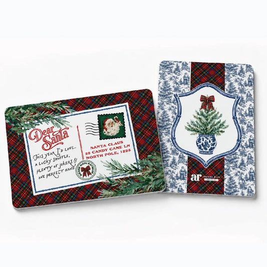Tartan Toile mahjong tile shufflers — red tartan with Dear Santa letter on one side, blue-and-white Santa toile on the reverse