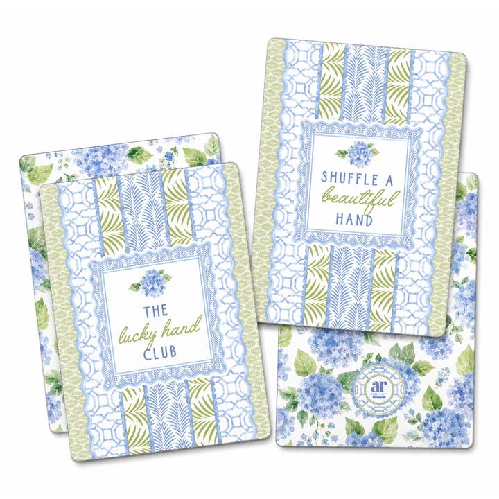 House of Hydrangea mahjong tile shufflers — “The Lucky Hand Club” and “Shuffle a Beautiful Hand” on blue palm frond and lattice stripe