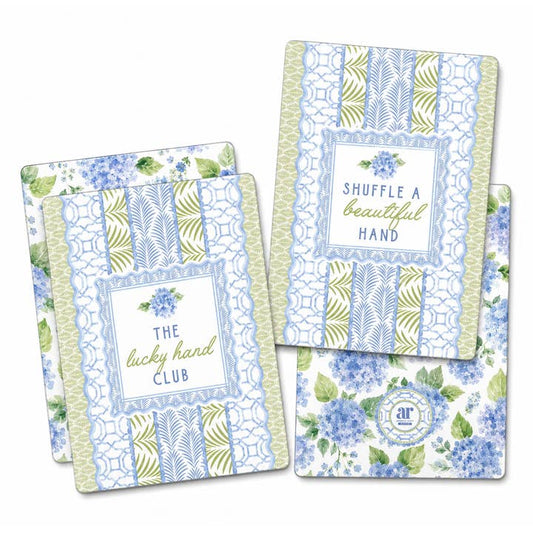 House of Hydrangea mahjong tile shufflers — “The Lucky Hand Club” and “Shuffle a Beautiful Hand” on blue palm frond and lattice stripe